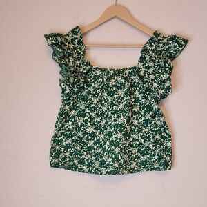 LUNA MOON Embroidered Floral Ruffle Green Top, size L